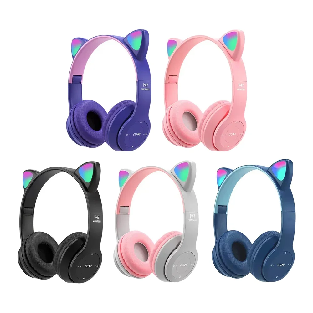 Cat Ear Bluetooth Headset Led - かわいい猫耳 Bluetooth 対応ヘッドセット LED ワイヤレスヘッドセット子供女の子ステレオ折りたたみスポーツヘッドセットマイク付き