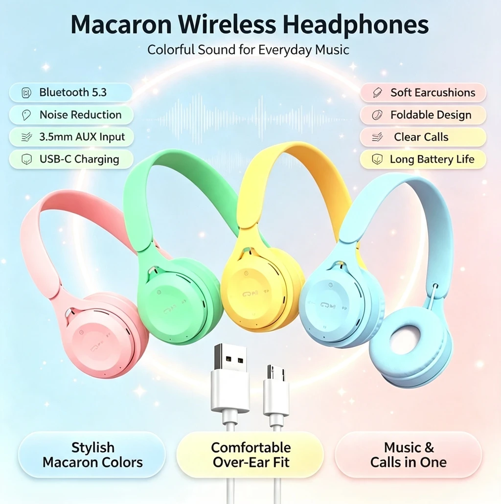 Anc Wireless Over Ear Headphones - 折りたたみ式オーバーイヤー Bluetooth 5.0 ヘッドフォンマカロンカラーワイヤレスステレオヘッドセットマイク付きノイズリダクション音楽イヤホン
