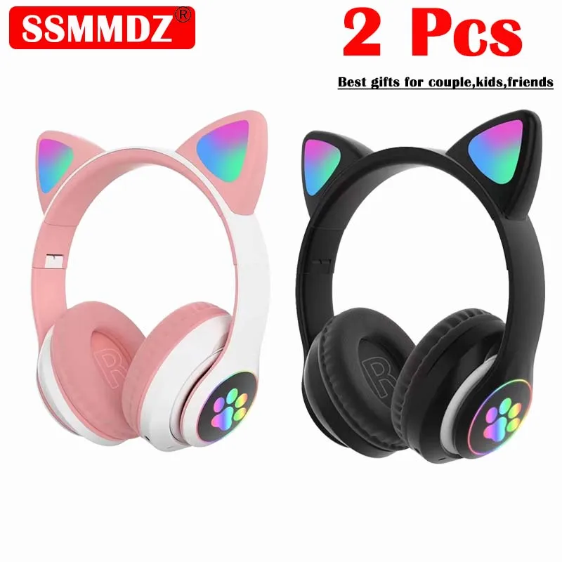 Cat Ear Bluetooth Headset Led - 2 個ワイヤレスヘッドセット Bluetooth 音楽ヘッドフォングラデーションカラー LED 点滅ライト猫耳ゲーマーイヤホンマイク付きキッズギフト
