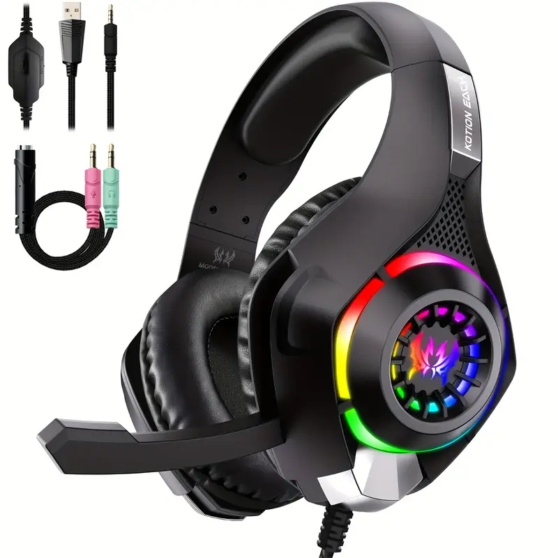 Gaming Headset With Mic Rgb - PC、PS4、PS5対応ゲーミングヘッドセット、ノイズキャンセリングマイク付きゲーミングヘッドホン、RGBライト、重低音サラウンド、ソフトメモリイヤーマフ付き