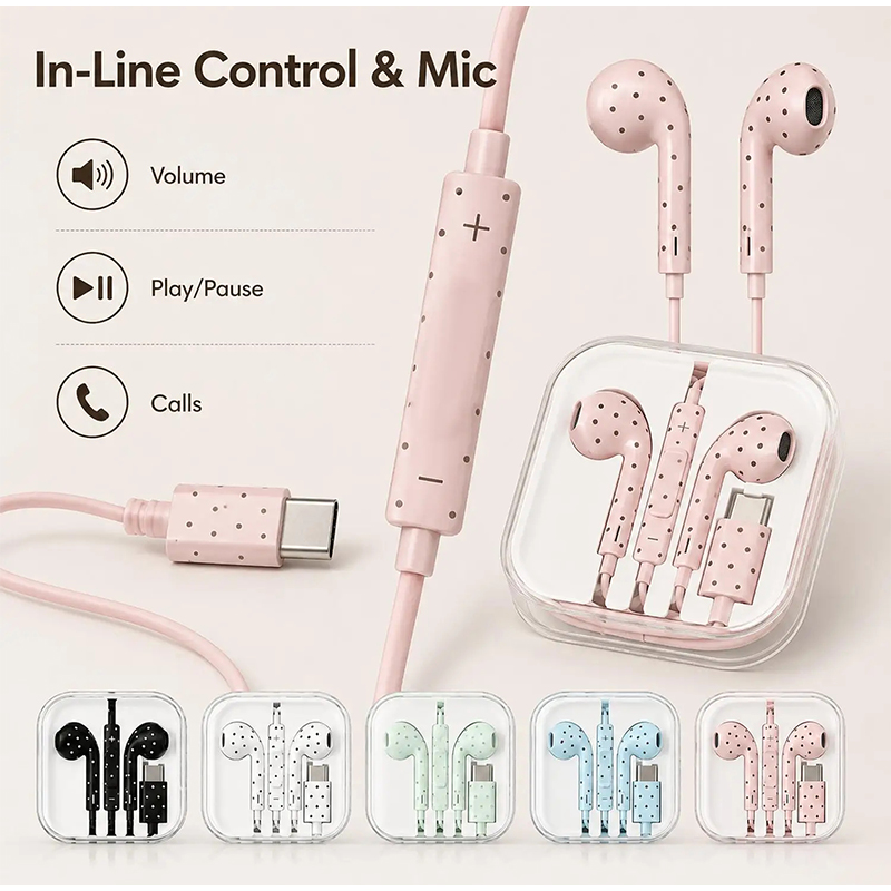 Type C イヤホン ポルカドットスターパターン インイヤ - Type C Wired Earphones With Mic のレビューと価格