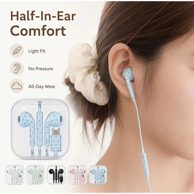 Type C イヤホン ポルカドットスターパターン インイヤ - Type C Wired Earphones With Mic のレビューと価格