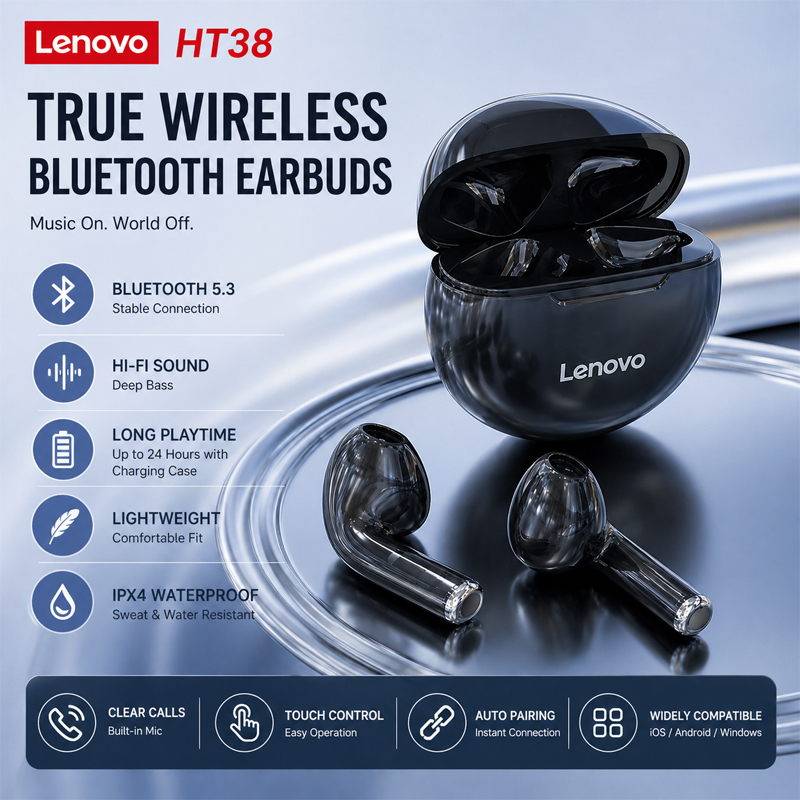 新しいレノボHT38ワイヤレスヘッドホンTWS Blueto - Tws Earbuds Bluetooth 5.3 のレビューと価格