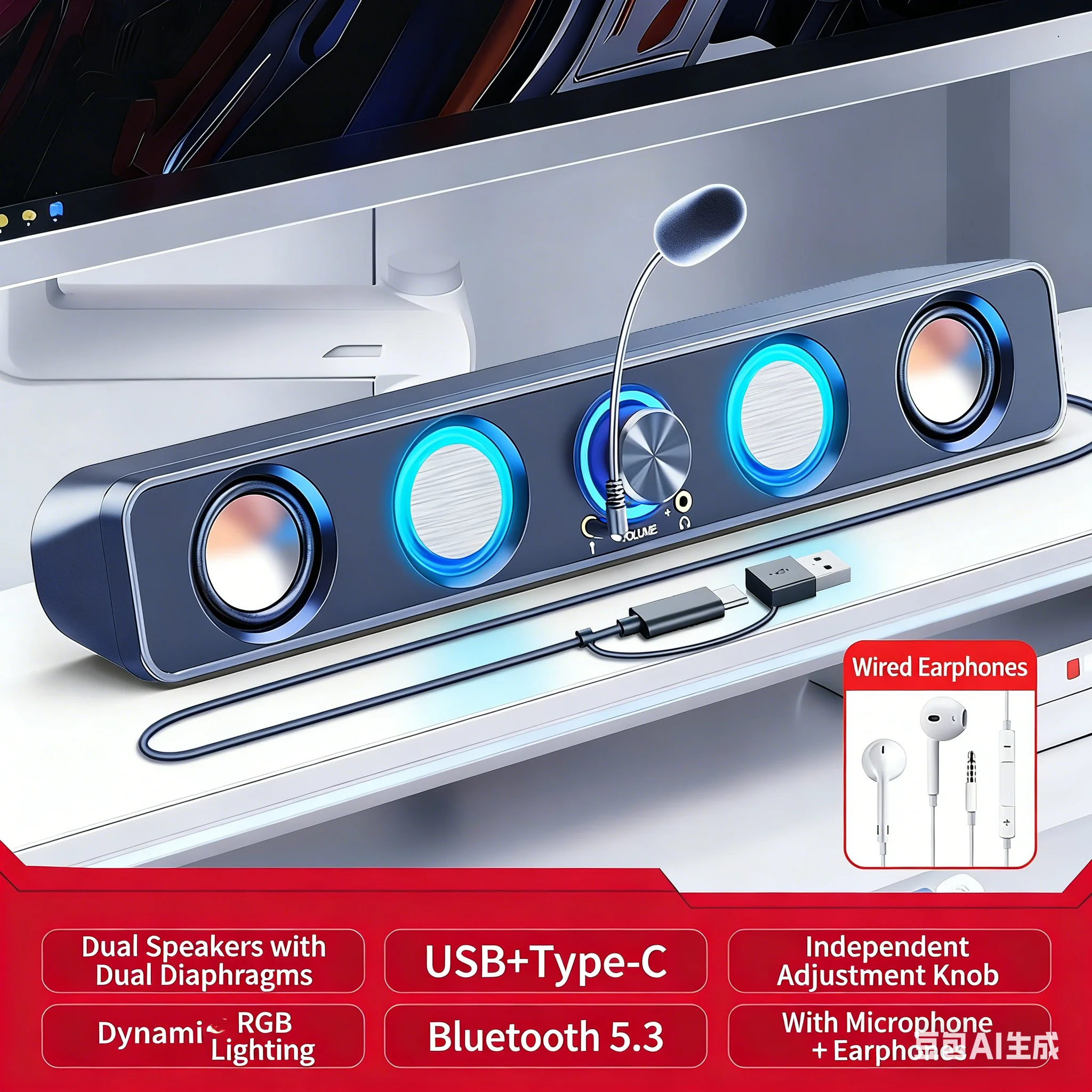 ホームシアタースピーカーシステム サウンドバー RGB デス - Rgb Computer Soundbar For Pc のレビューと価格